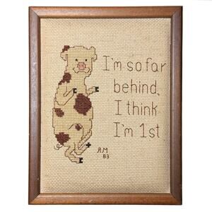 Vintage 1983 Completed Framed Pig Cross Stitch Im So Far Behind I Think Im First